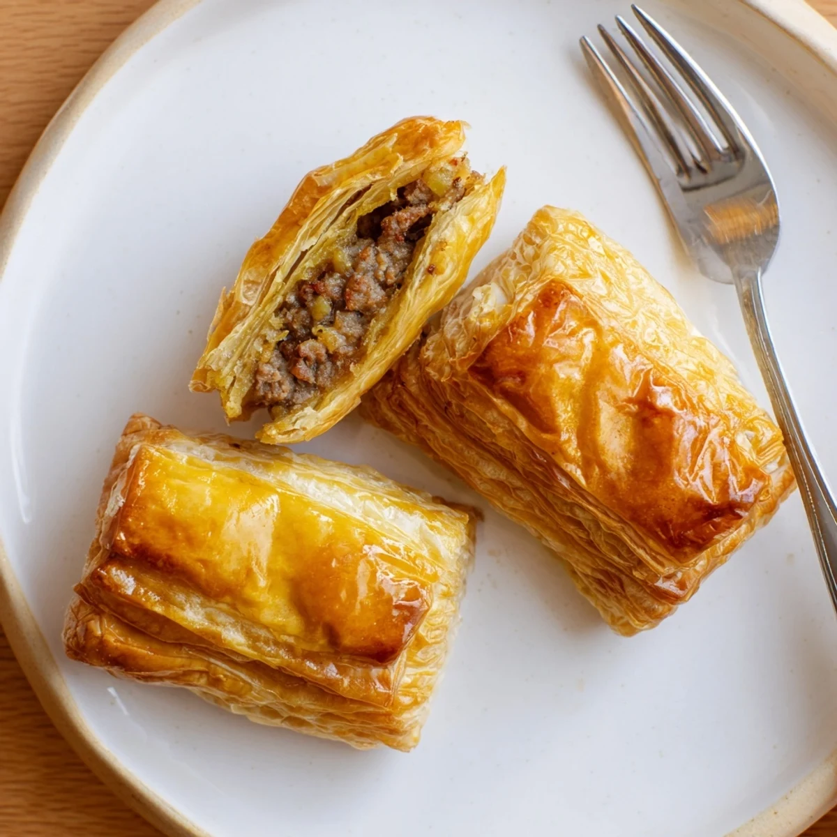 A close-up of Pate Chaud pastries with golden puff pastry and savory pork filling, served on a rustic wooden board.  