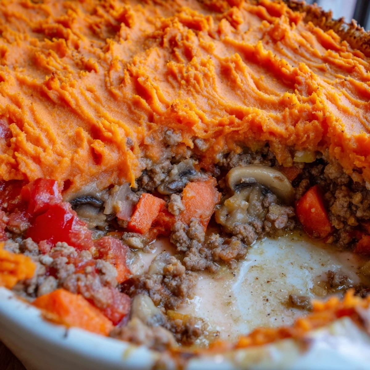Beef, Tomato & Mushroom Cottage Pie with Sweet Potato presented with a fork and glass of red wine beside it.