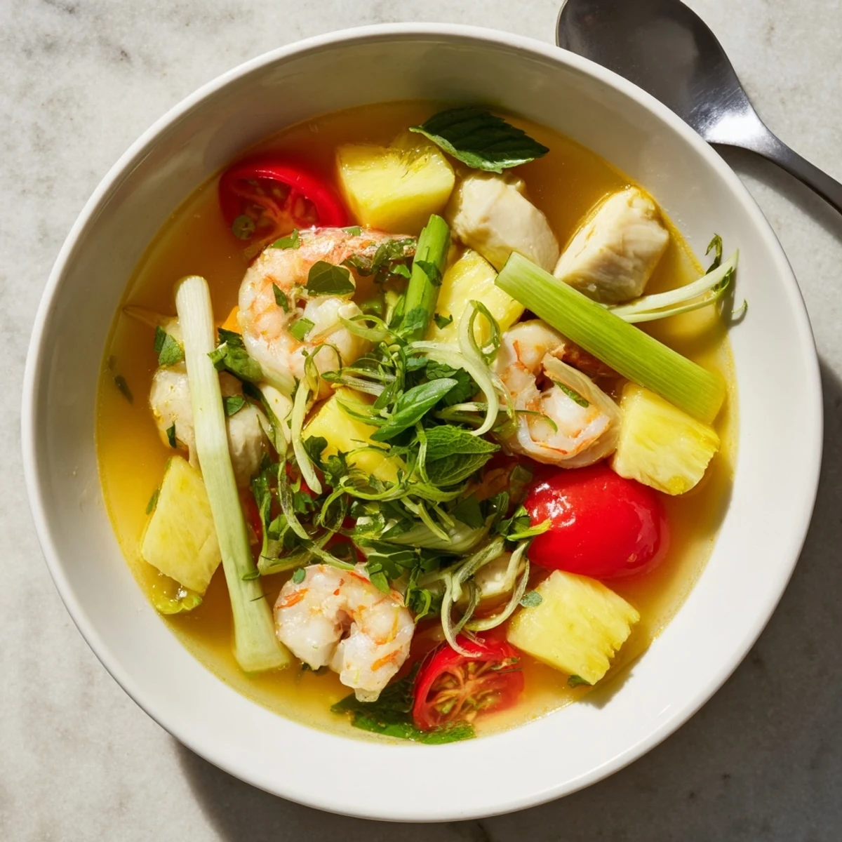 Steaming bowl of Canh Chua soup with tender white fish, pineapple chunks, and fresh herbs.  