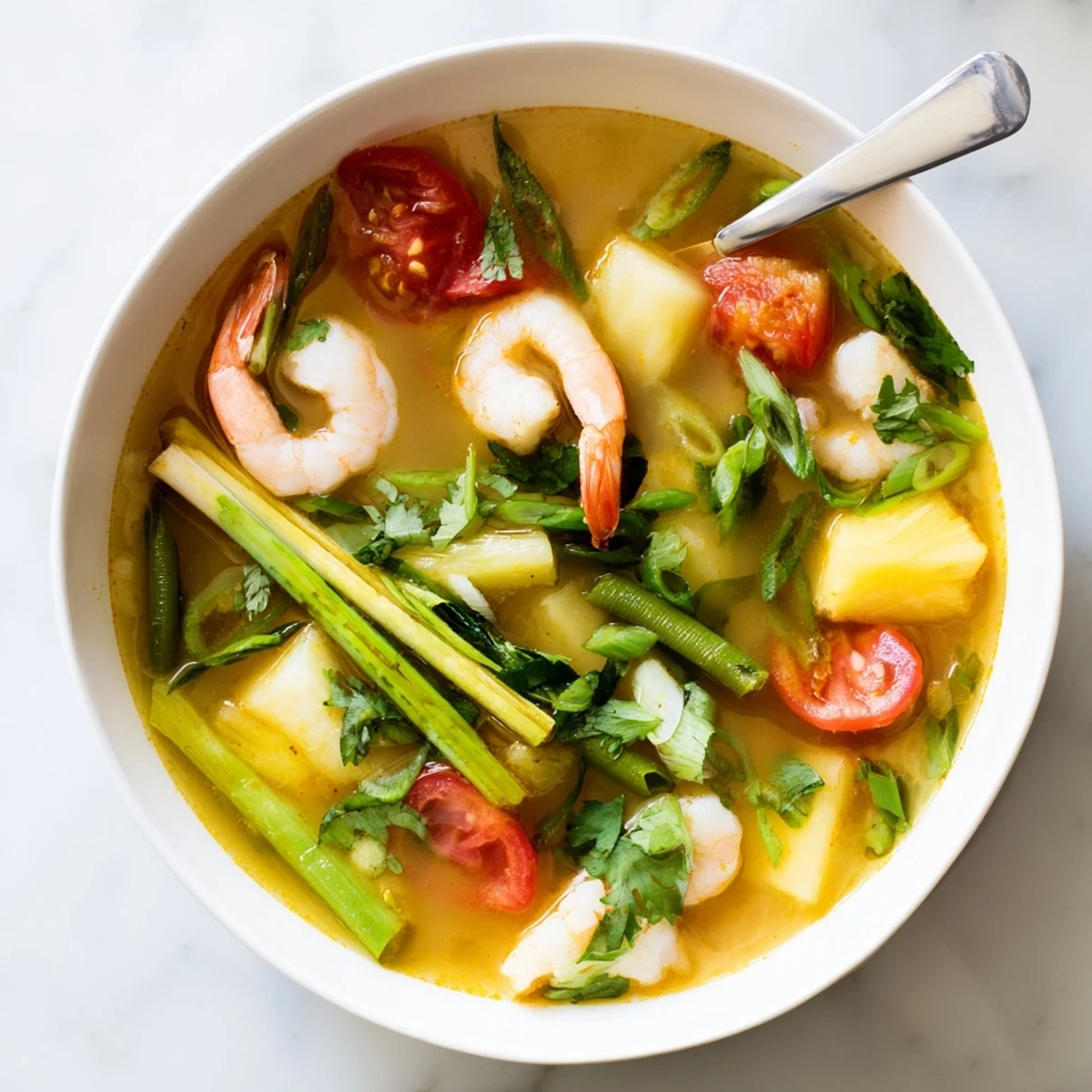 Canh Chua Vietnamese sweet and sour soup served with rice and vibrant vegetables.  