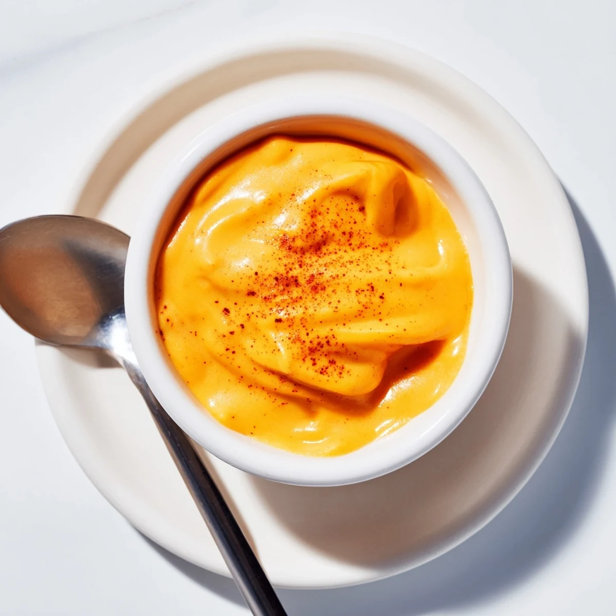 A bowl of Snappy Cheddar Sauce drizzled over steaming baked potatoes.