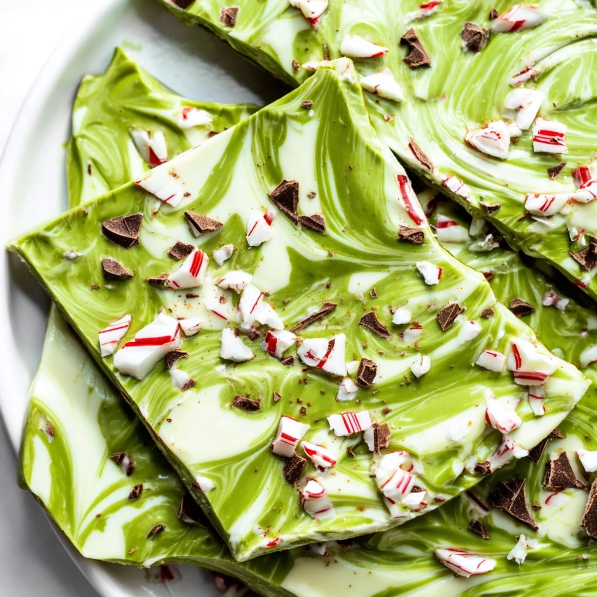 Creamy white chocolate Matcha Peppermint Bark swirled with vibrant green matcha and topped with crushed peppermint candies.