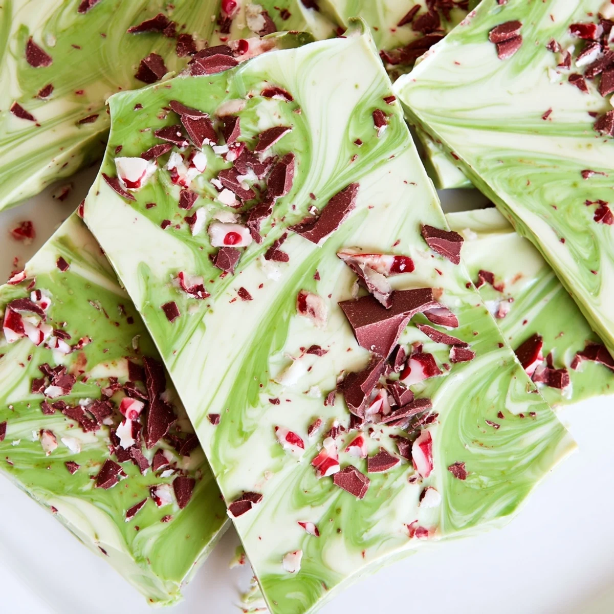 Broken pieces of homemade Matcha Peppermint Bark on a plate, perfect for gifting during the holiday season.
