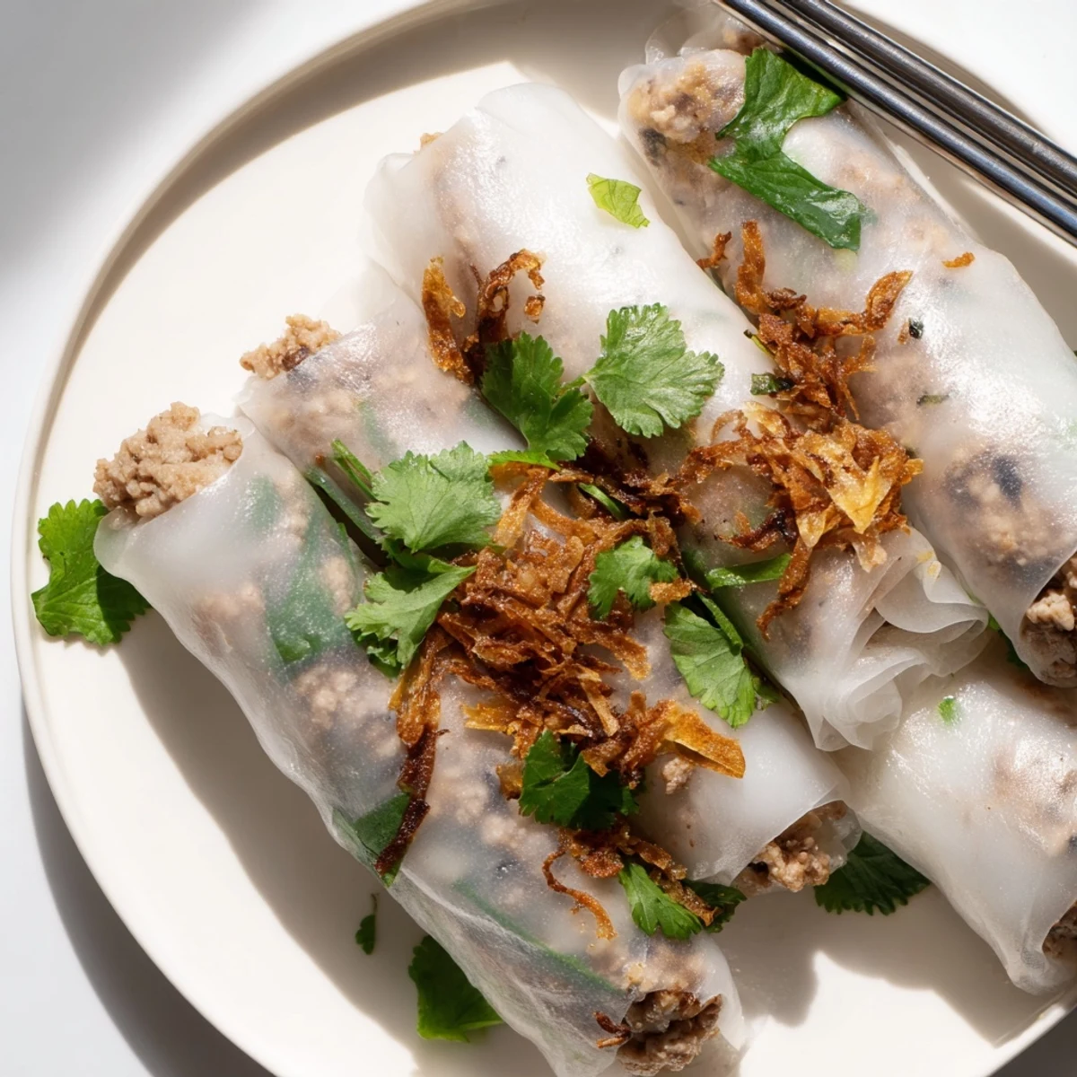 Delicate Banh Cuon arranged on a platter with herbs, fried shallots, and sliced Vietnamese pork sausage for a classic serving.