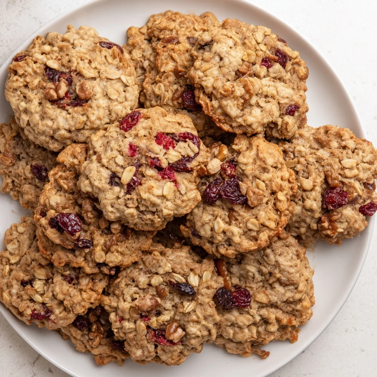 Chewy Chai Oatmeal Craisin Cookies arranged on a cooling rack with scattered oats and cinnamon spices.