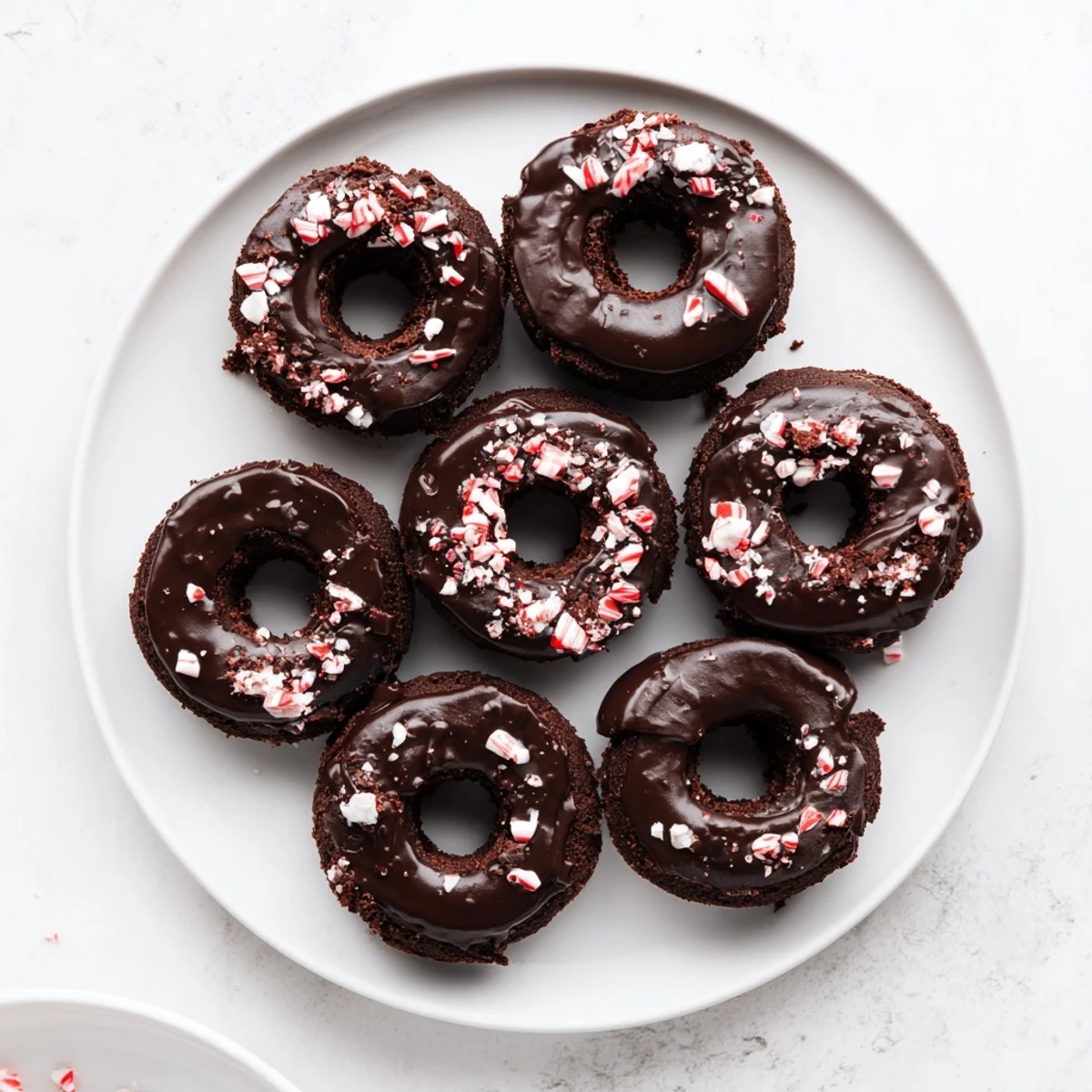 Festive chocolate donuts with peppermint flavor, arranged on a white plate with a glass of milk for a cozy dessert.