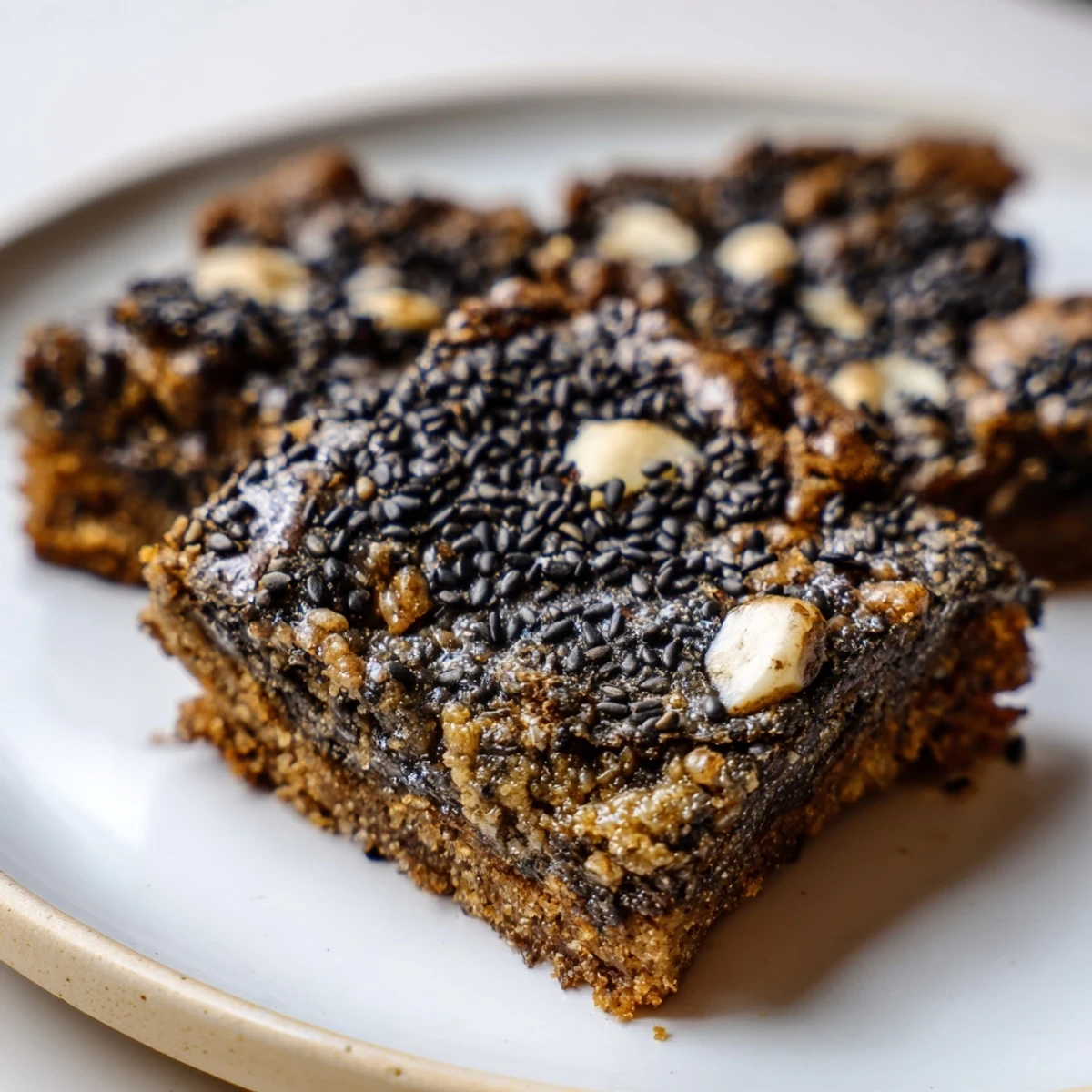 Golden-brown Black Sesame Blondies with a chewy texture, topped with whole sesame seeds and a hint of white chocolate.