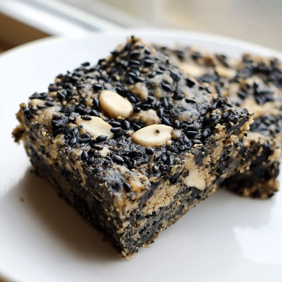 Stacked squares of Black Sesame Blondies with a glossy finish, ready to serve with a glass of cold milk.