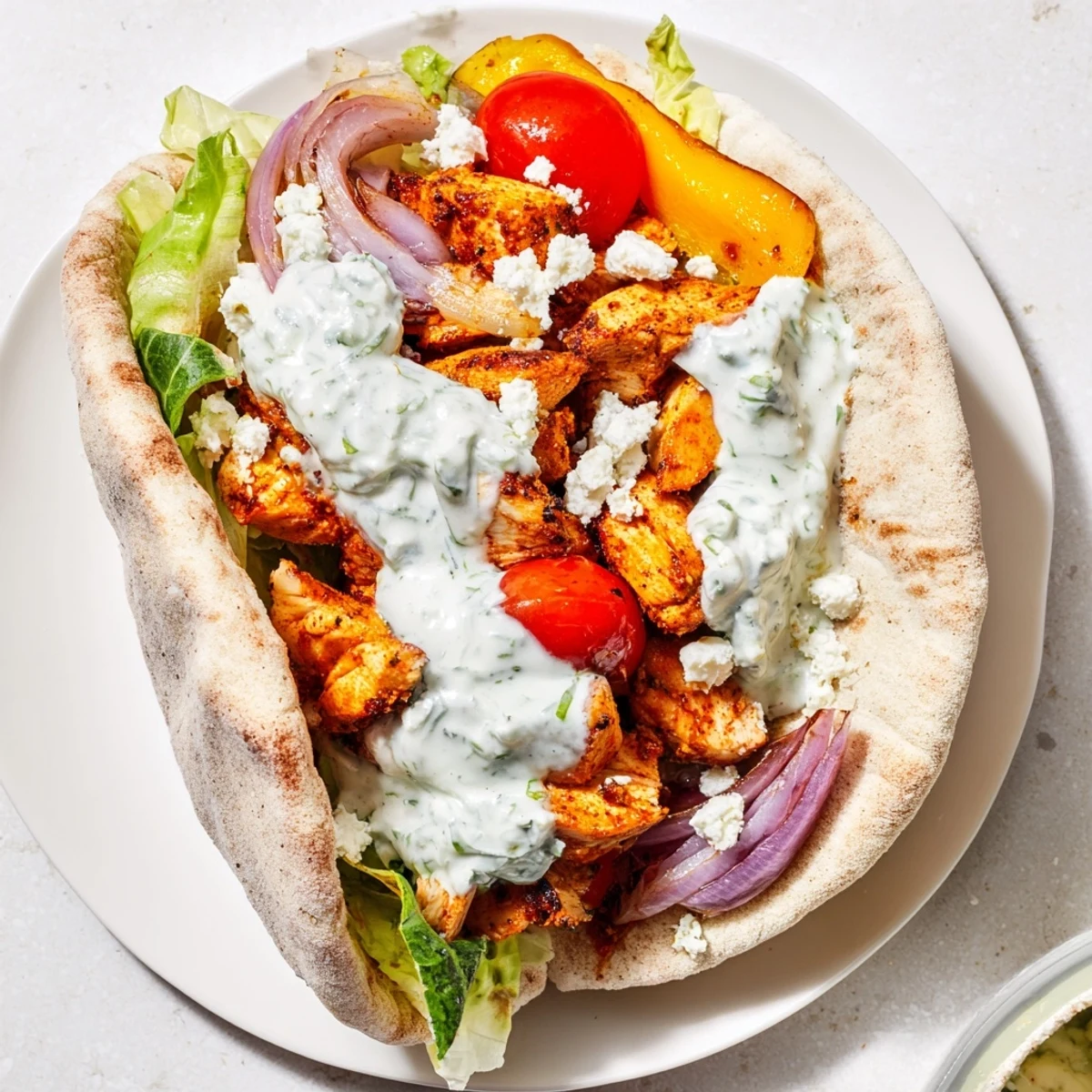 Sheet pan chicken pitas drizzled with creamy herby ranch and crisp lettuce