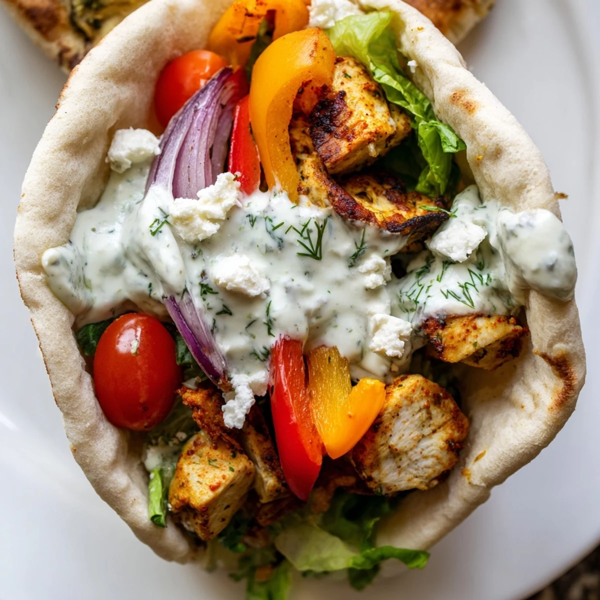 Golden roasted chicken and colorful bell peppers stuffed inside warm pita breads