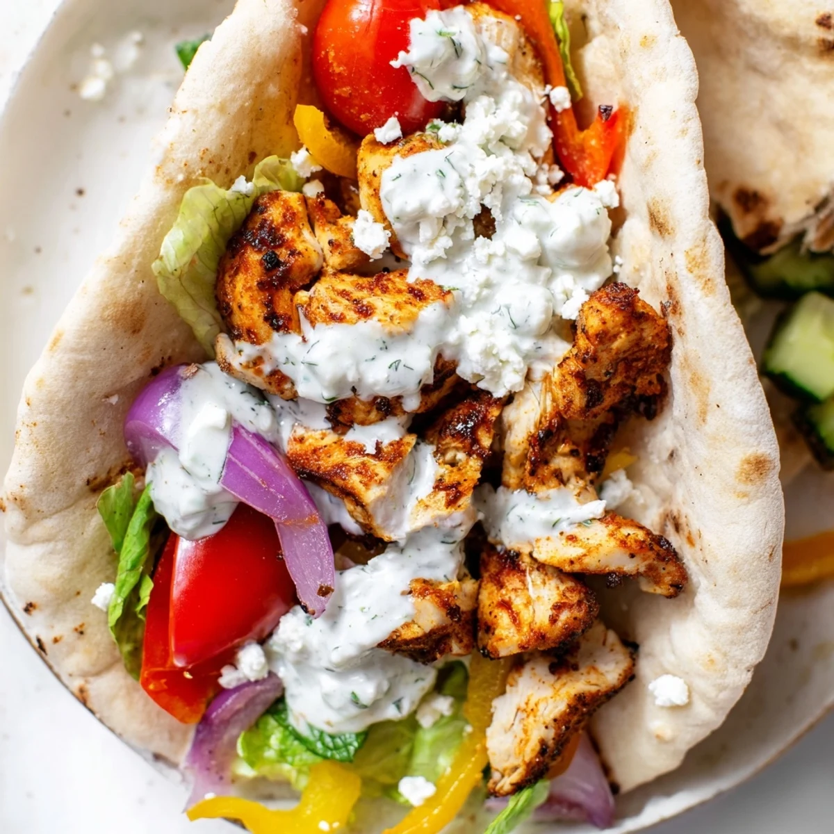 Easy chicken pitas loaded with tender roasted vegetables and tangy homemade ranch sauce
