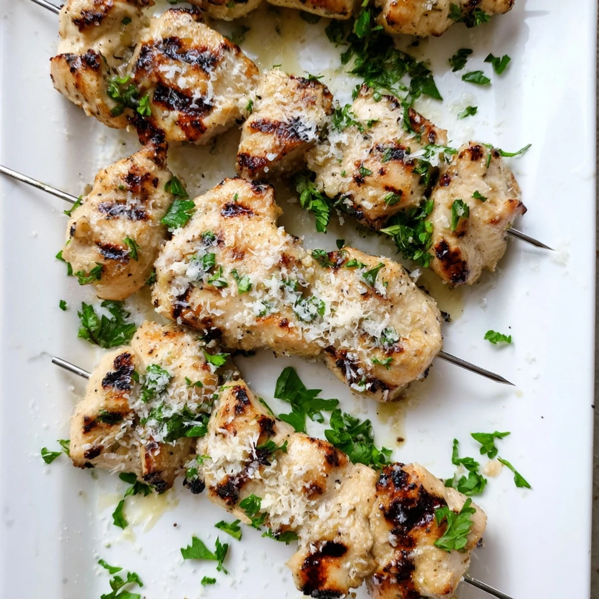 Golden Ranch Garlic Parmesan Chicken Skewers sizzling on a grill with melted cheese