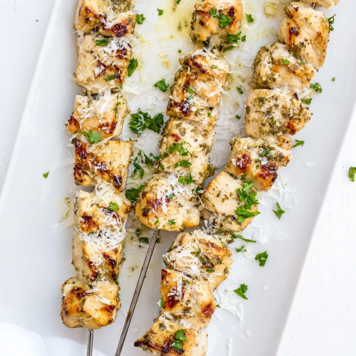 Tender chicken pieces threaded on skewers finished with savory parmesan cheese sprinkles