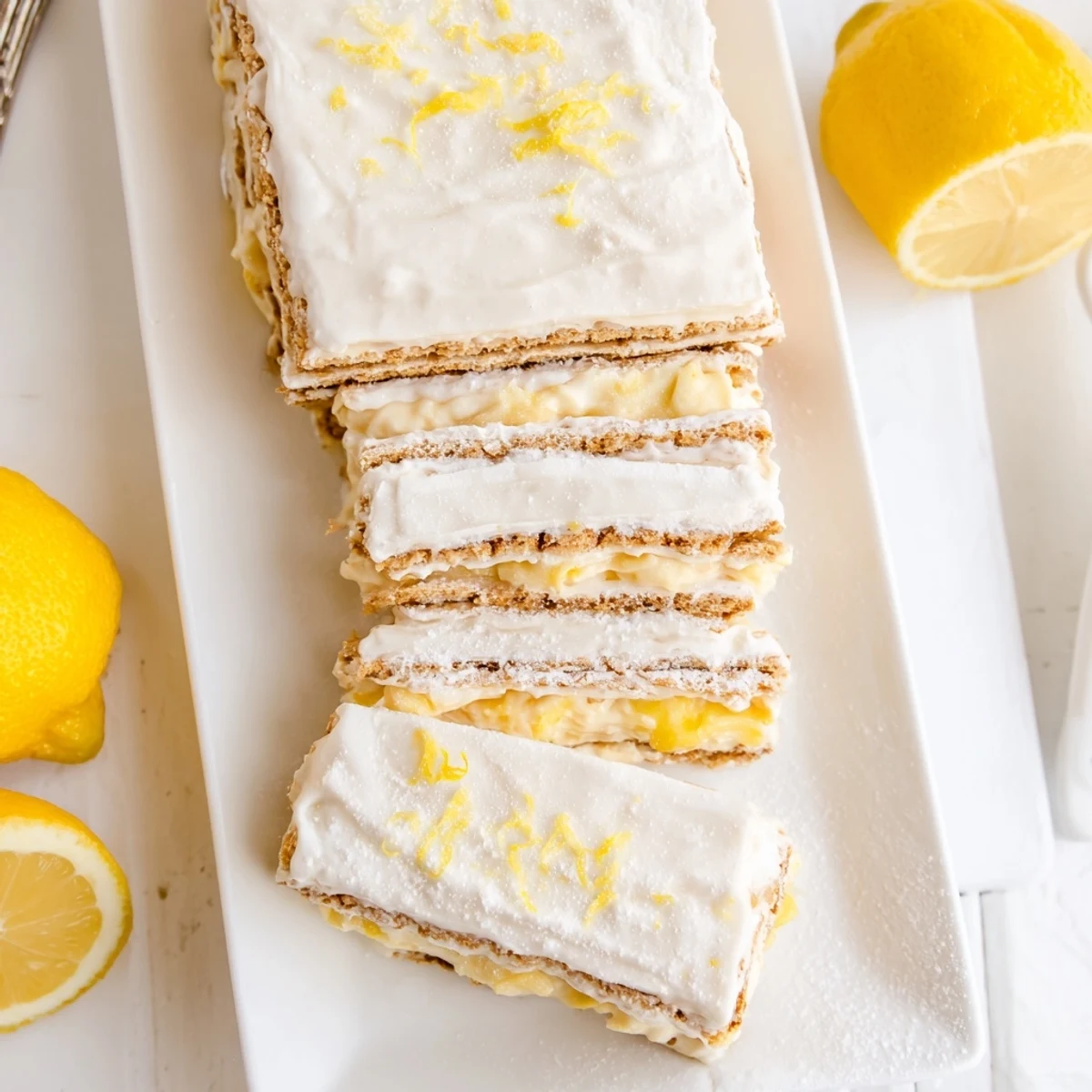 No bake lemon eclair cake displaying creamy lemon pudding layers between honey graham crackers topped with glossy glaze