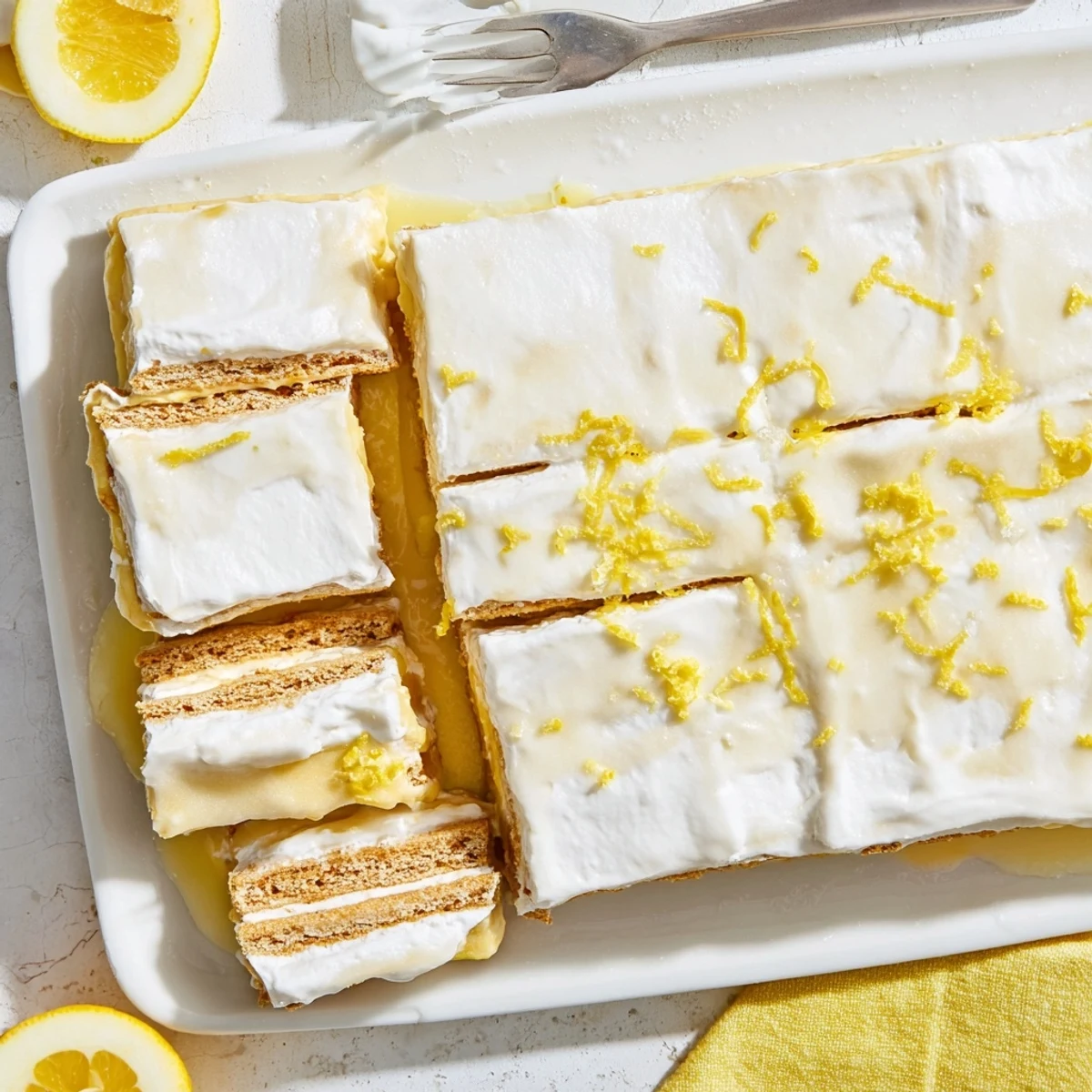 Slice of no bake lemon eclair cake showing whipped lemon cream filling and graham cracker layers with drizzled topping