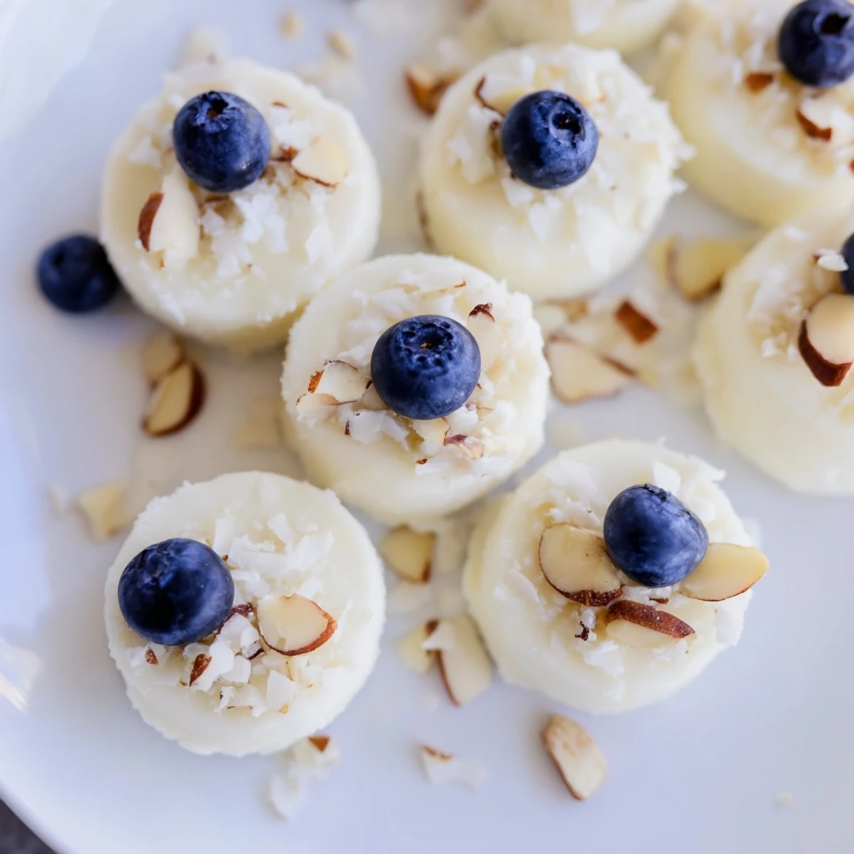 Frozen blueberry Greek yogurt bites arranged on a baking sheet with fresh blueberries nestled in creamy yogurt mounds