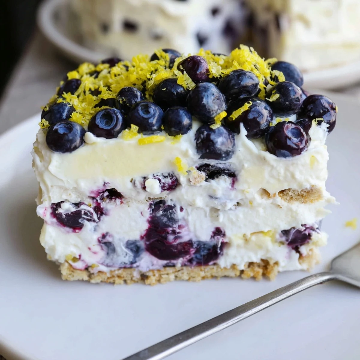 Slice of no bake lemon blueberry cream cake topped with fresh blueberries on a white plate
