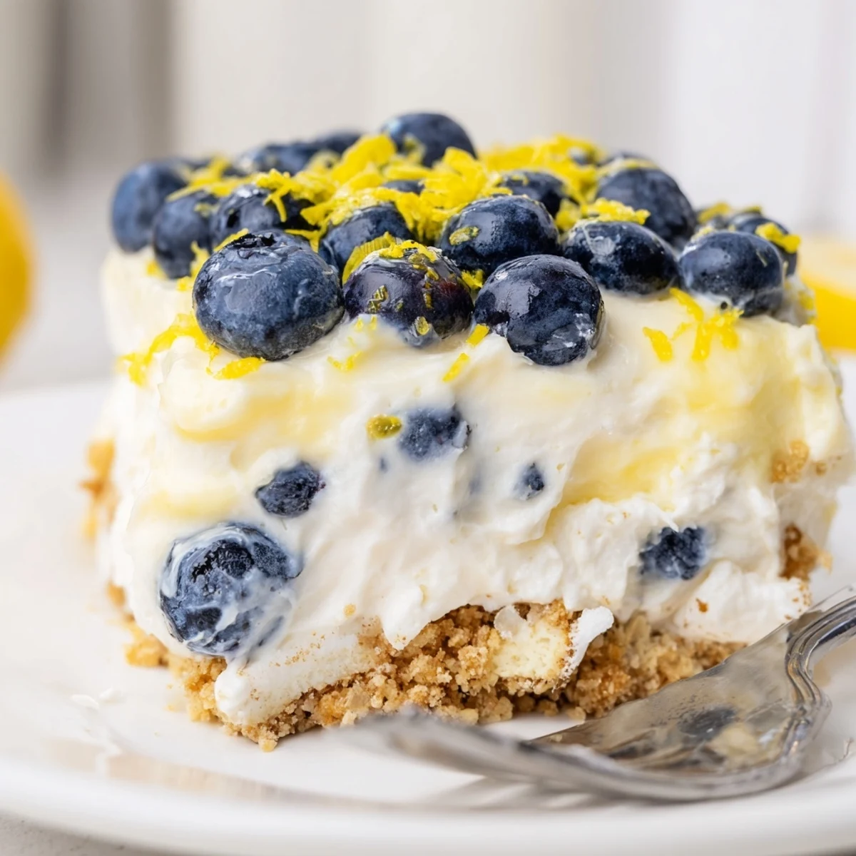 Creamy no bake lemon blueberry cake with graham cracker crust and lemon zest garnish
