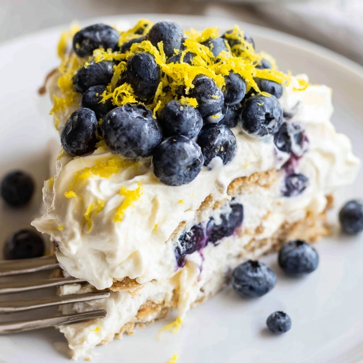 White square no bake lemon blueberry cream cake with blueberry topping and whipped cream