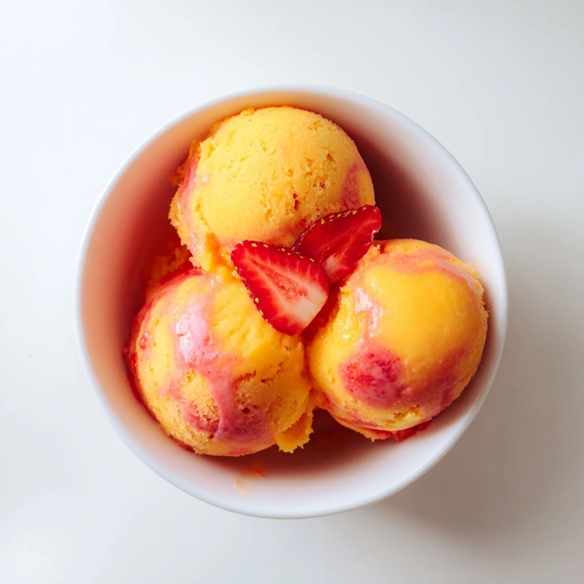 Colorful mango strawberry sorbet scooped into chilled bowls with fresh mint garnish on a sunny wooden table