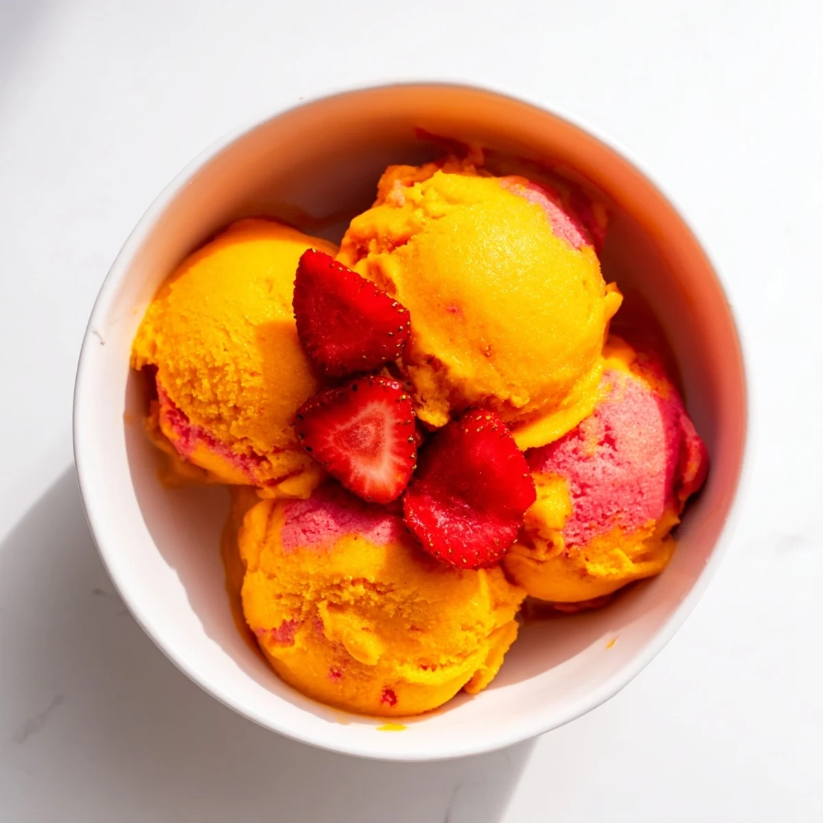 Creamy vegan mango strawberry sorbet melting slightly in white ceramic bowls topped with ripe strawberry halves