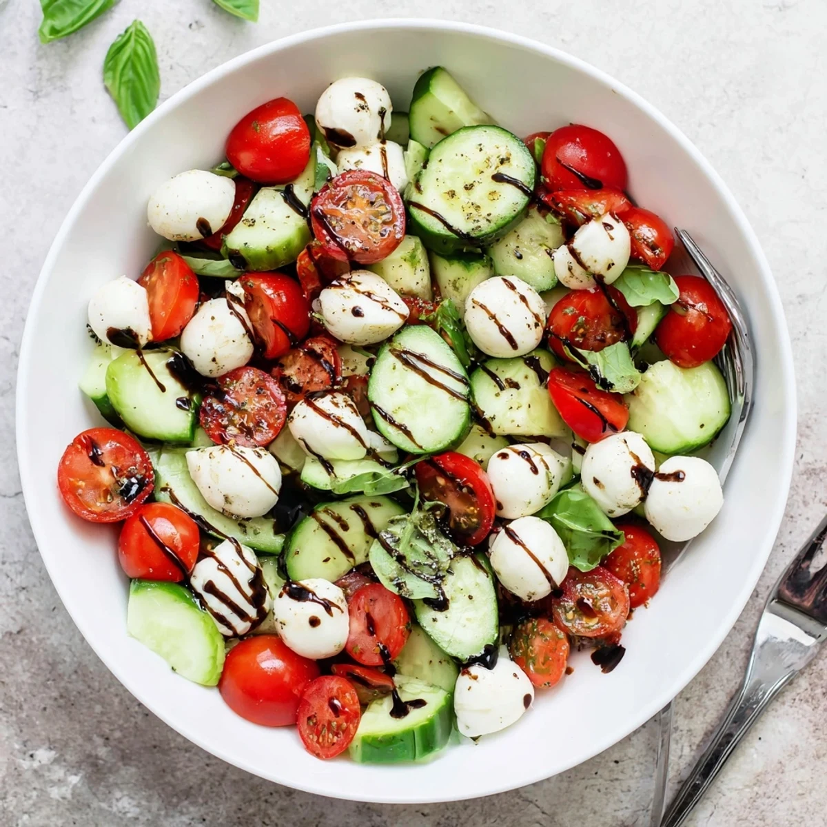 Fresh cucumber Caprese salad with juicy tomatoes, creamy mozzarella, and fragrant basil drizzled with balsamic glaze