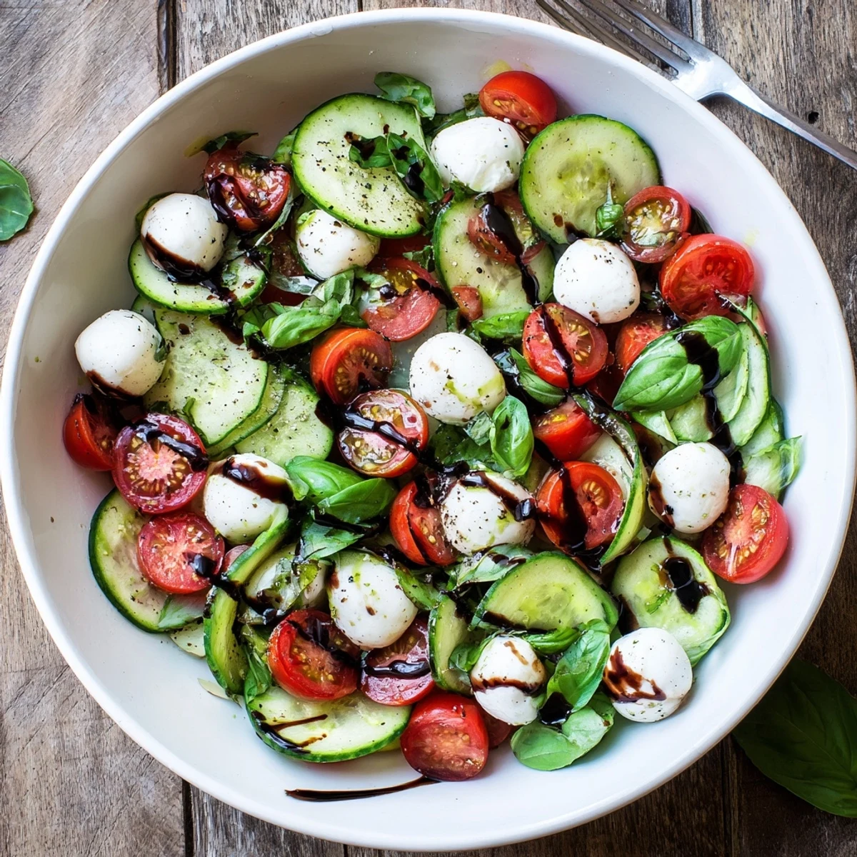 Colorful bowl of cucumber Caprese salad featuring crisp vegetables, mozzarella balls, and tangy balsamic dressing