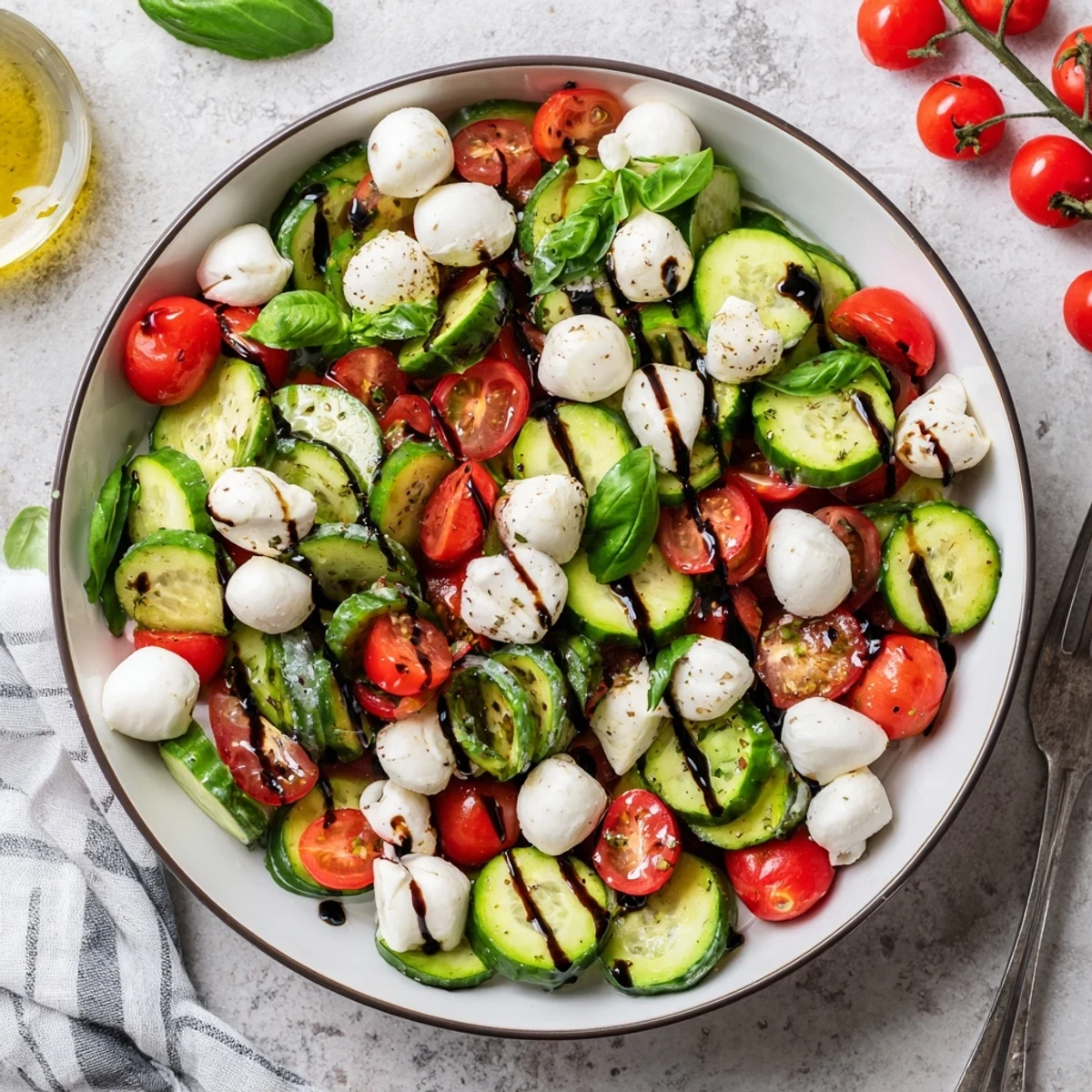 Italian-inspired cucumber Caprese salad tossed with ripe tomatoes, fresh basil, and olive oil in a white bowl
