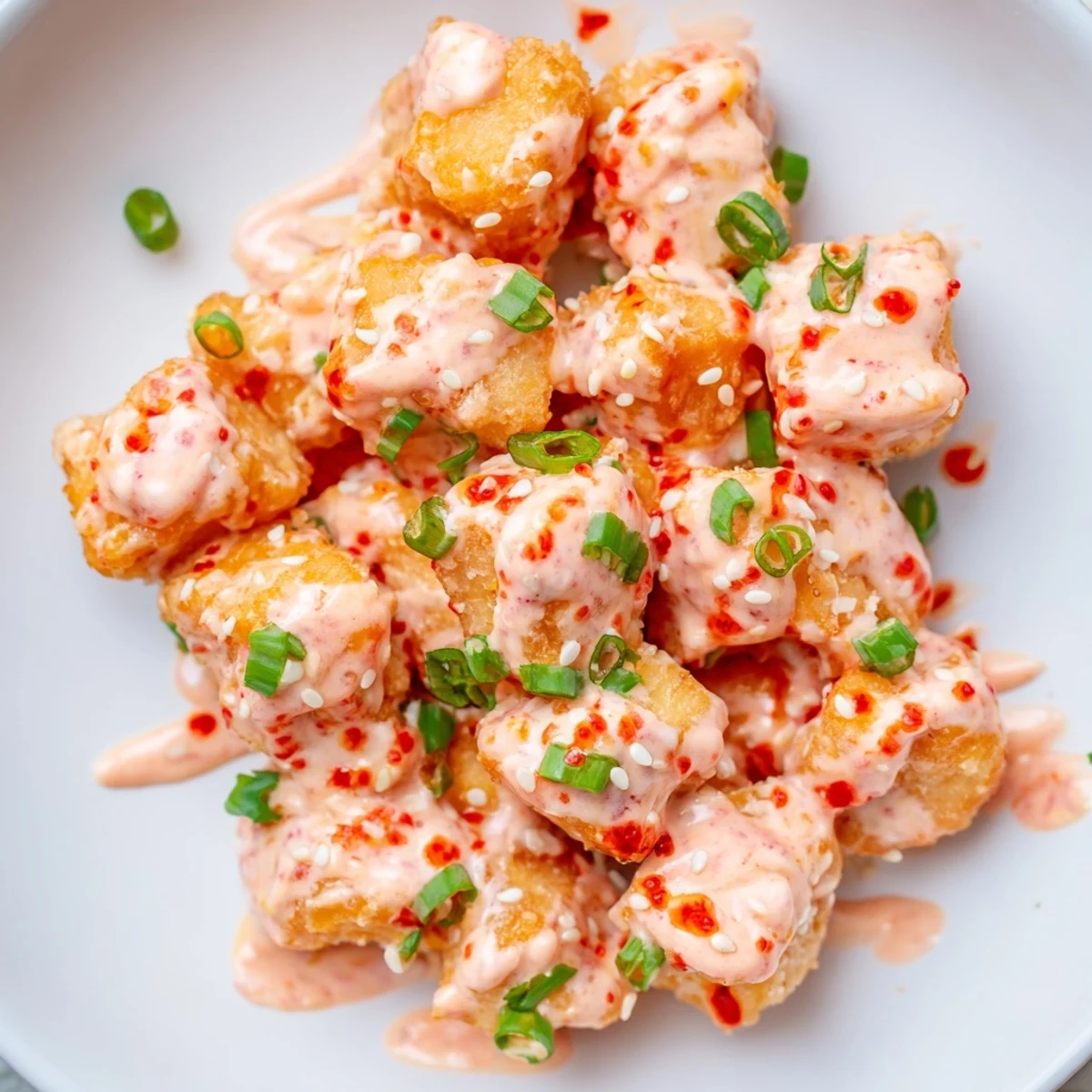 Golden crispy Bang Bang Salmon Bites coated in creamy spicy red sauce with chives