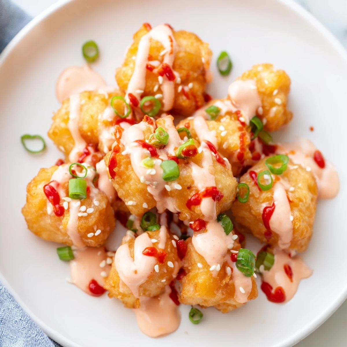 Plate of crispy salmon bites tossed in spicy Bang Bang sauce garnished with green onions