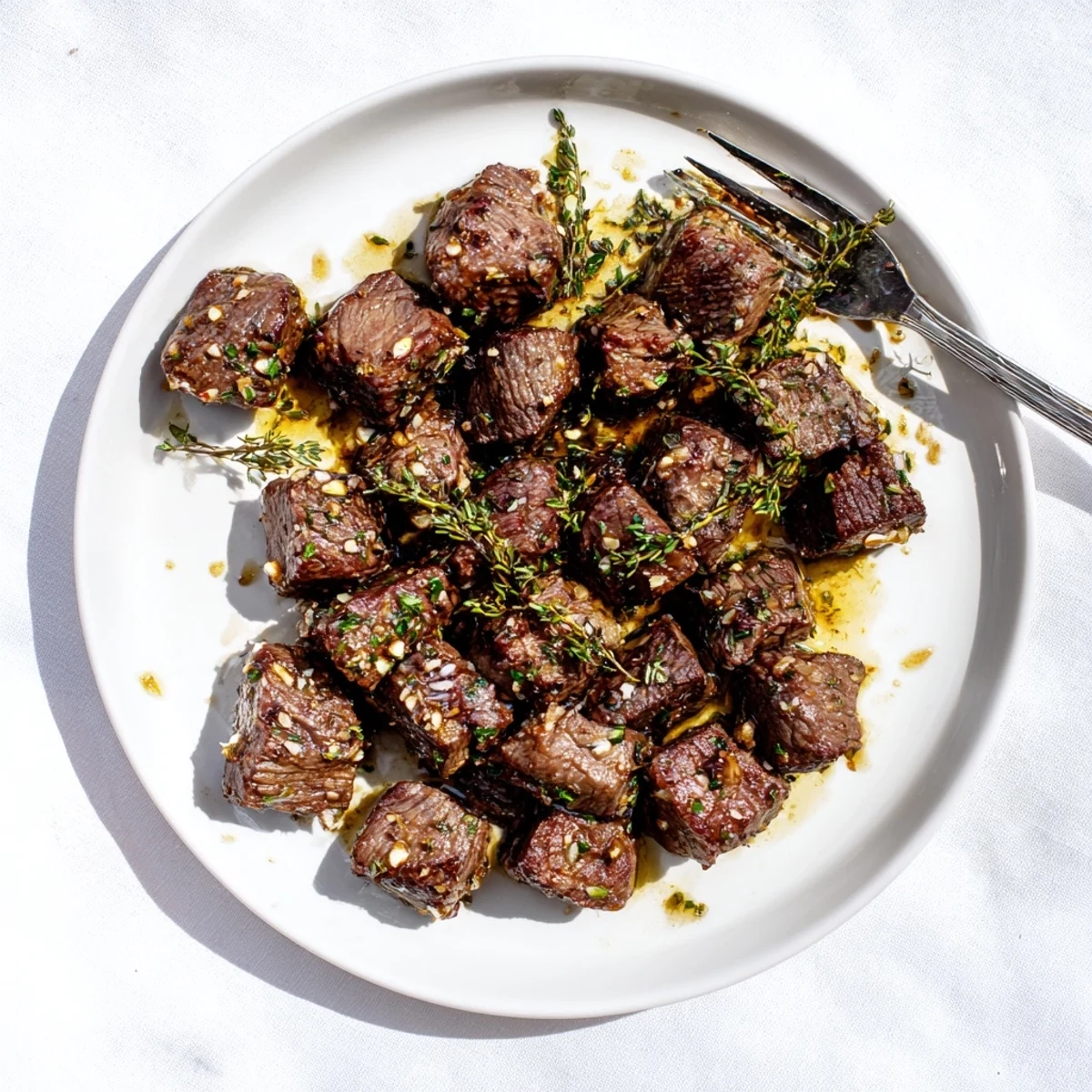 Golden brown garlic butter steak bites sizzling in a cast iron skillet with fresh parsley