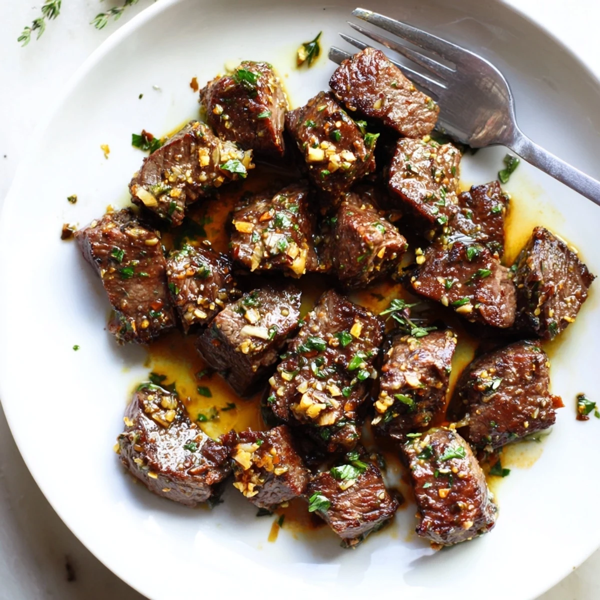 Tender cubed sirloin steak tossed in rich melted garlic butter sauce with herb garnish
