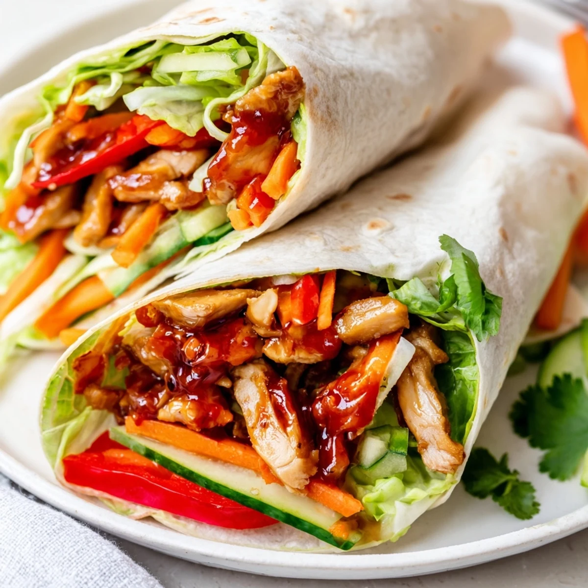 Golden sweet chili chicken wraps rolled with colorful crisp vegetables and fresh herbs