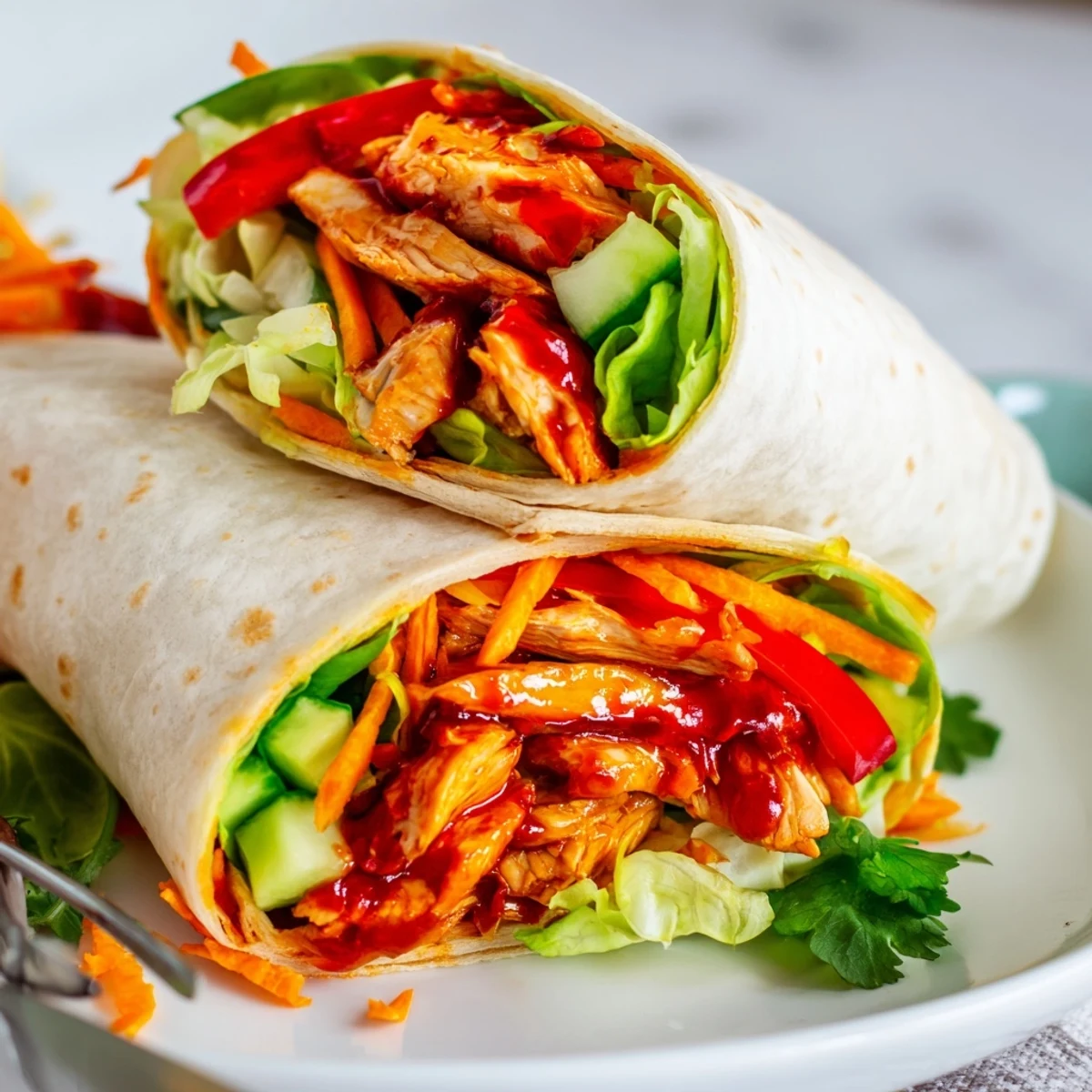 Soft flour tortilla filled with tender glazed chicken strips and crunchy julienned vegetables