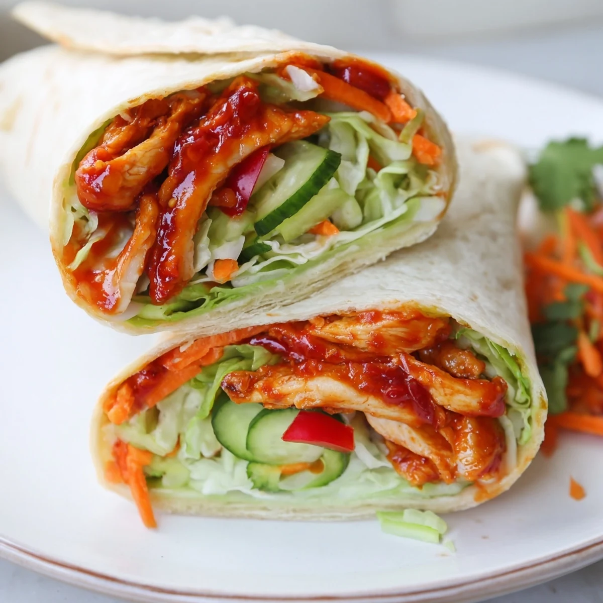 Close-up of sweet chili chicken wrap with lettuce peppers carrot and cilantro filling