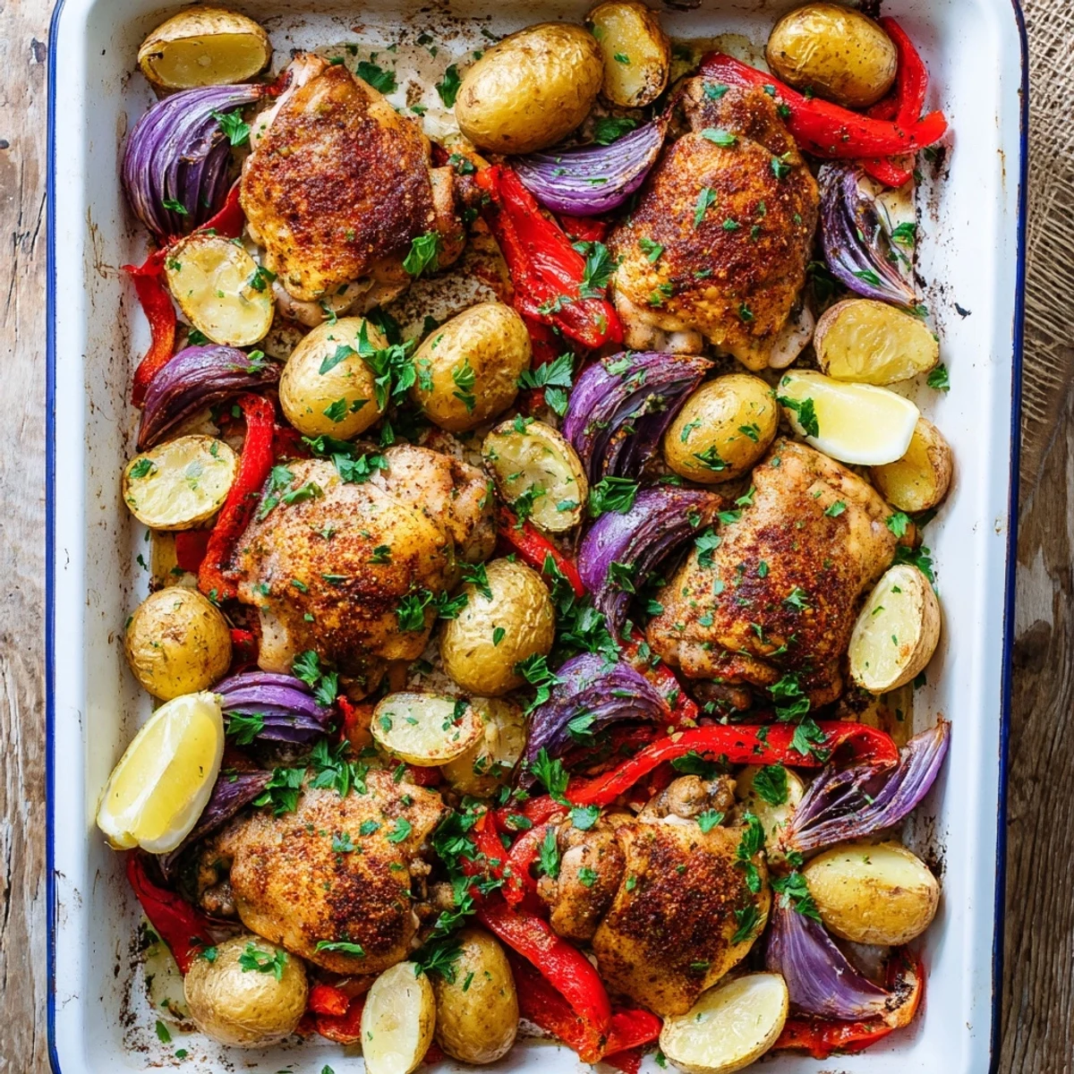 Golden roasted chicken thighs nestled among crispy baby potatoes and colorful vegetables on a baking sheet