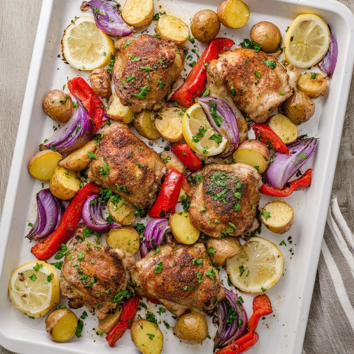 Succulent sheet pan chicken and potatoes with tender onions and bell peppers seasoned with aromatic herbs