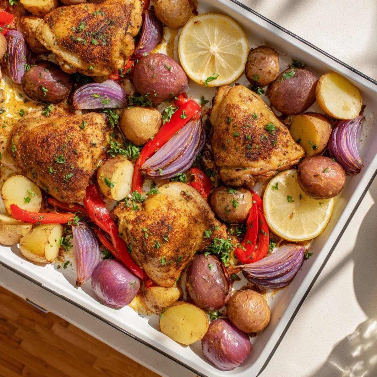 One-pan dinner featuring perfectly cooked chicken thighs alongside golden brown potatoes and fresh parsley garnish