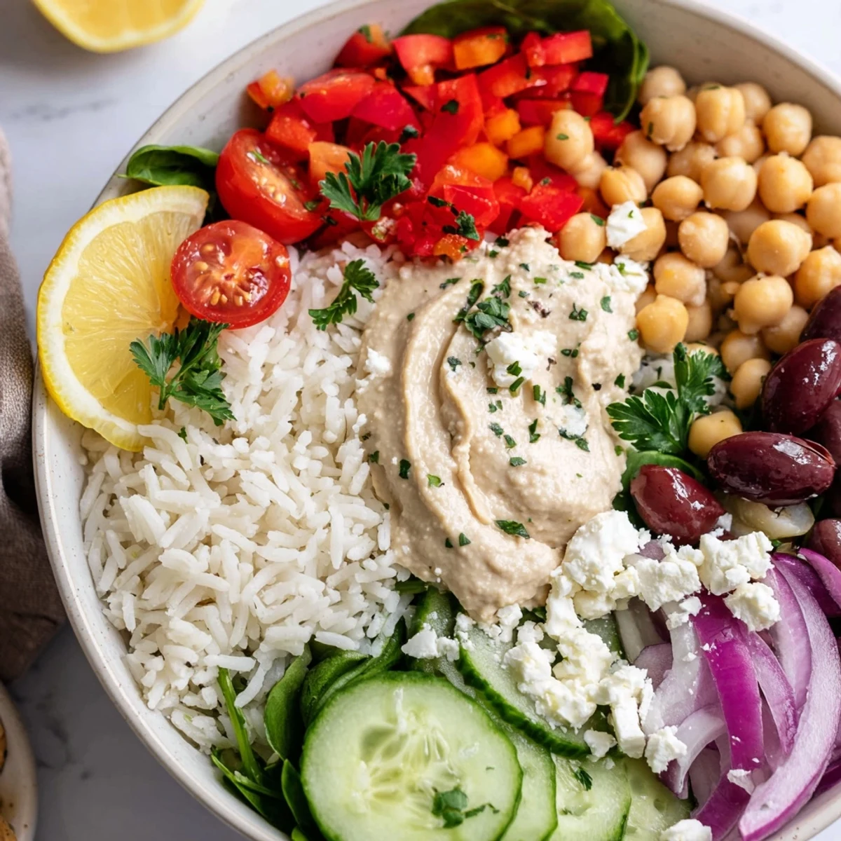 Fluffy rice topped with fresh cherry tomatoes, cucumber, chickpeas, and feta in this Mediterranean rice bowl