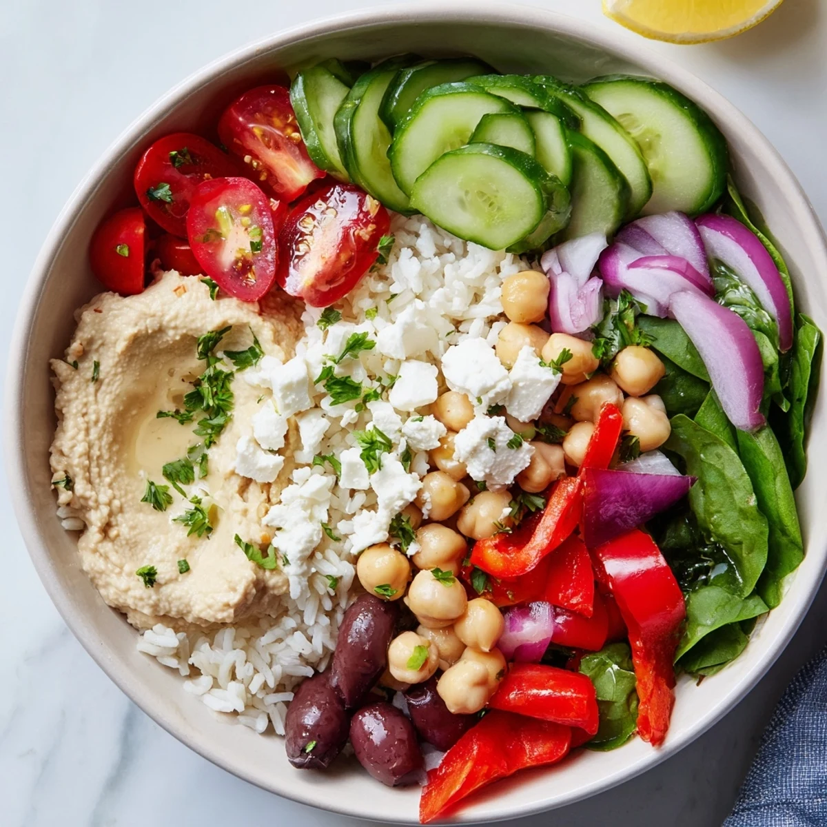 Colorful Mediterranean rice bowl with crisp vegetables, creamy hummus, and zesty lemon-tahini dressing
