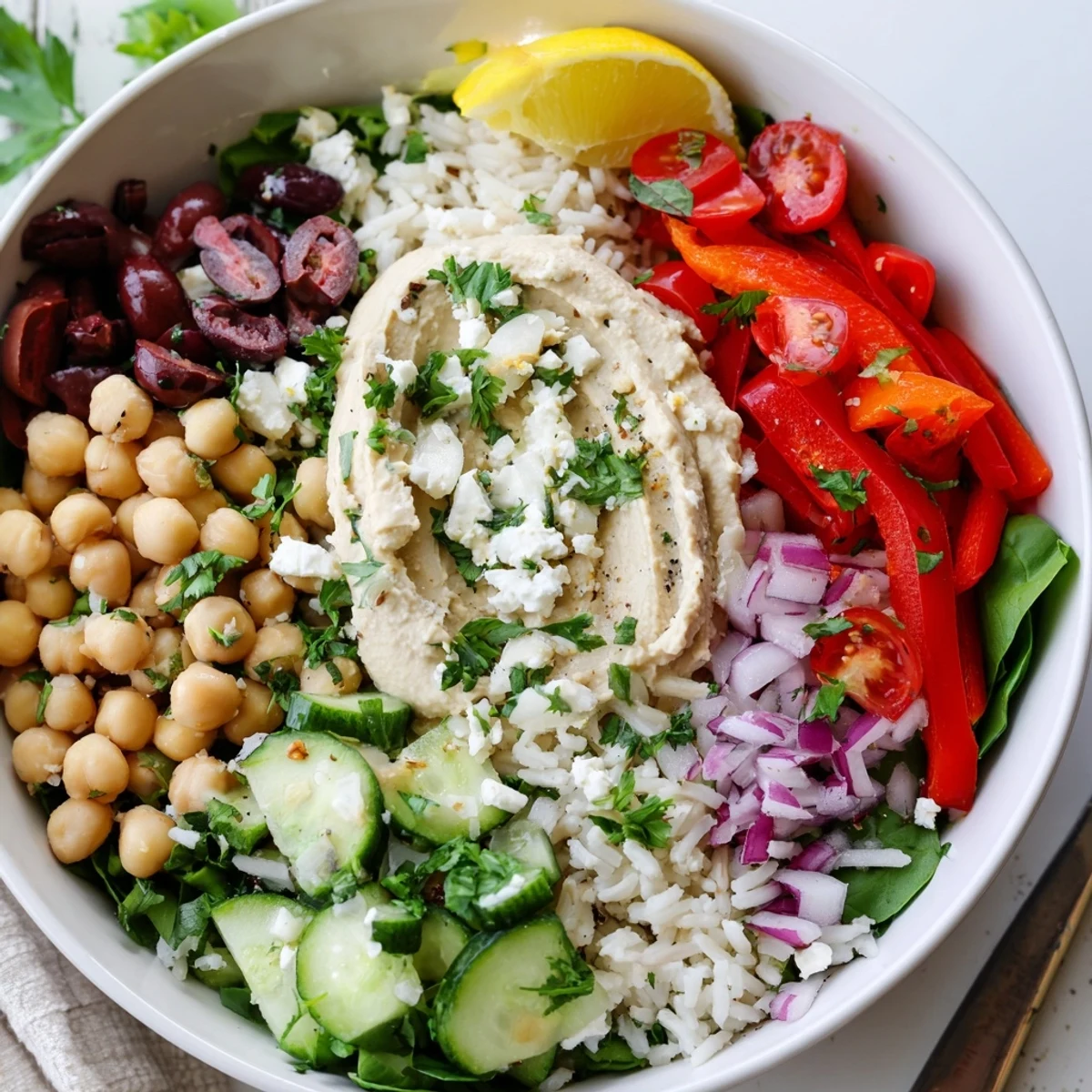 Vibrant vegetarian Mediterranean rice bowl drizzled with tahini dressing and garnished with fresh parsley