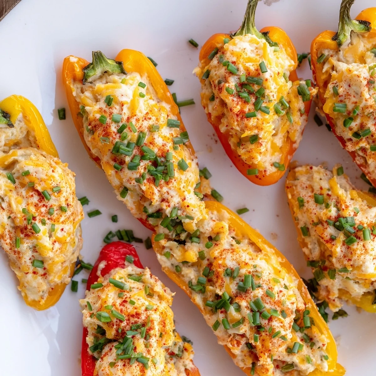 Golden air fryer cream cheese stuffed mini peppers arranged on a serving platter