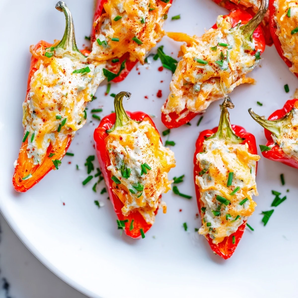 Vibrant red and yellow mini peppers filled with savory cream cheese blend fresh from air fryer