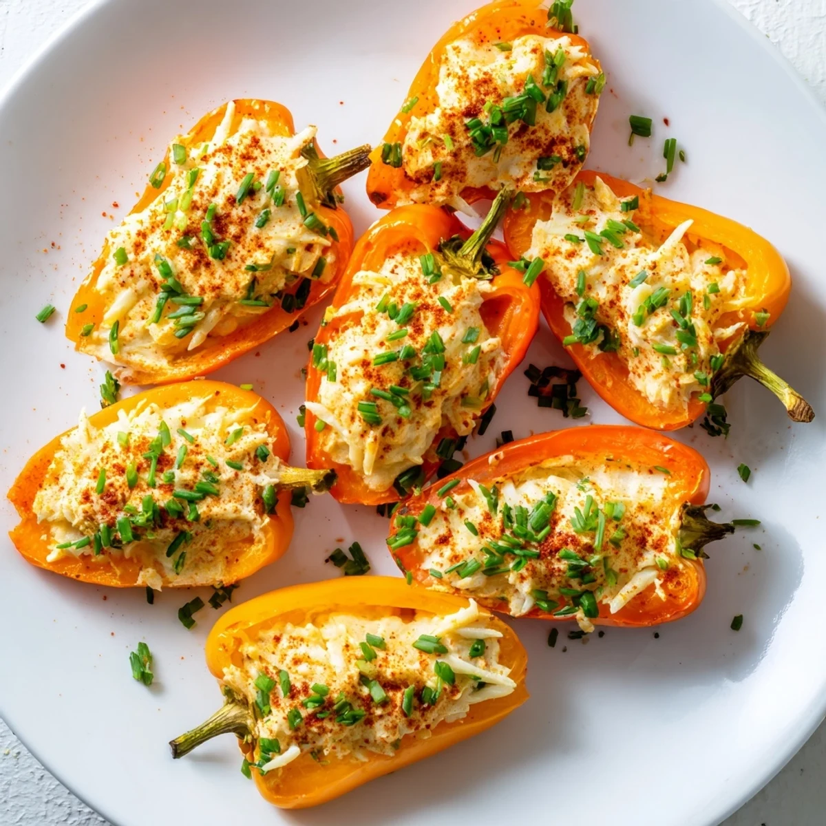 Creamy stuffed mini peppers with golden tops resting in air fryer basket ready to serve