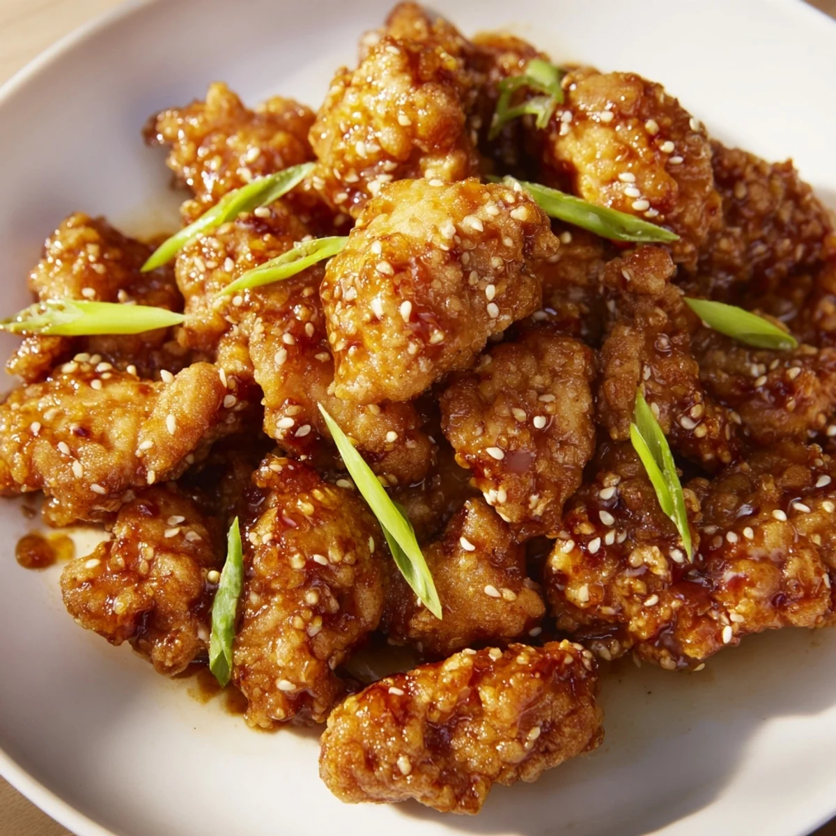 Golden brown Mongolian chicken pieces coated in a rich glossy soy-based sauce with sesame seeds