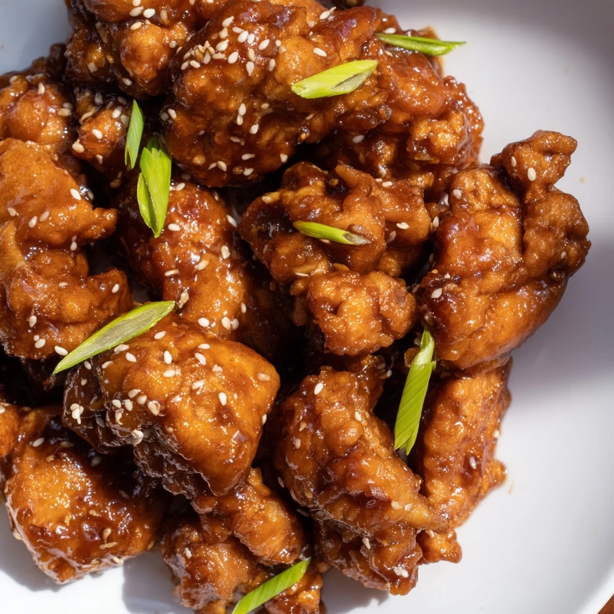 Family-style Mongolian chicken served over steamed white rice with toasted sesame seed topping
