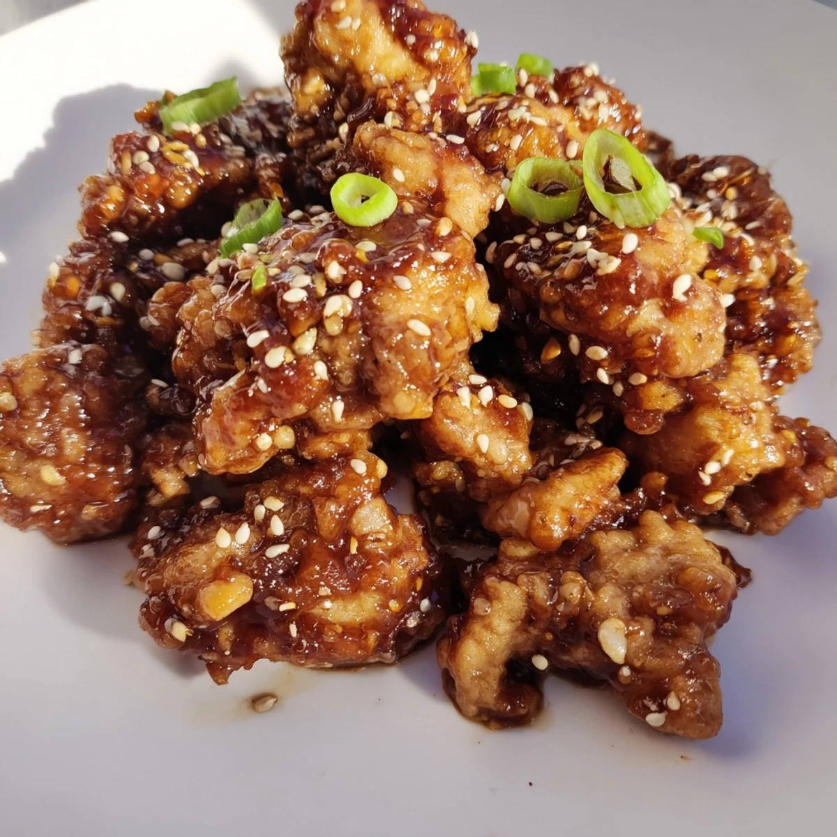 Crispy chicken thighs tossed in sweet savory Mongolian sauce garnished with fresh green onion slices
