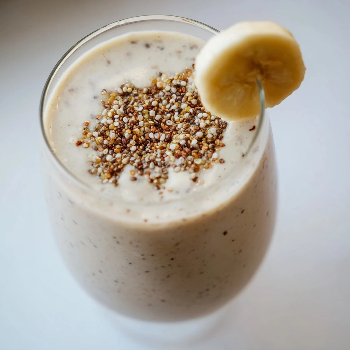 Protein-packed Greek yogurt banana smoothie featuring a smooth texture topped with cinnamon and granola