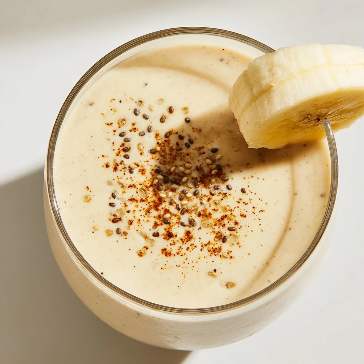 Thick and velvety Greek yogurt banana smoothie blended with ice and drizzled with honey