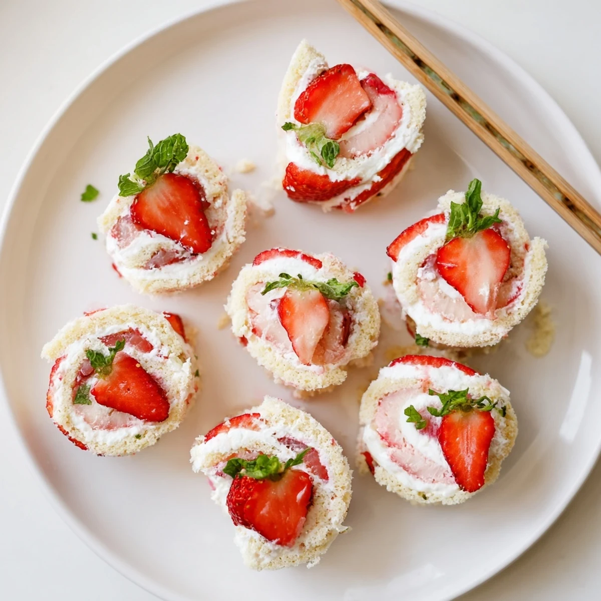 Fresh strawberry shortcake sushi rolls featuring vanilla cake, whipped cream, and vibrant sliced strawberry garnish